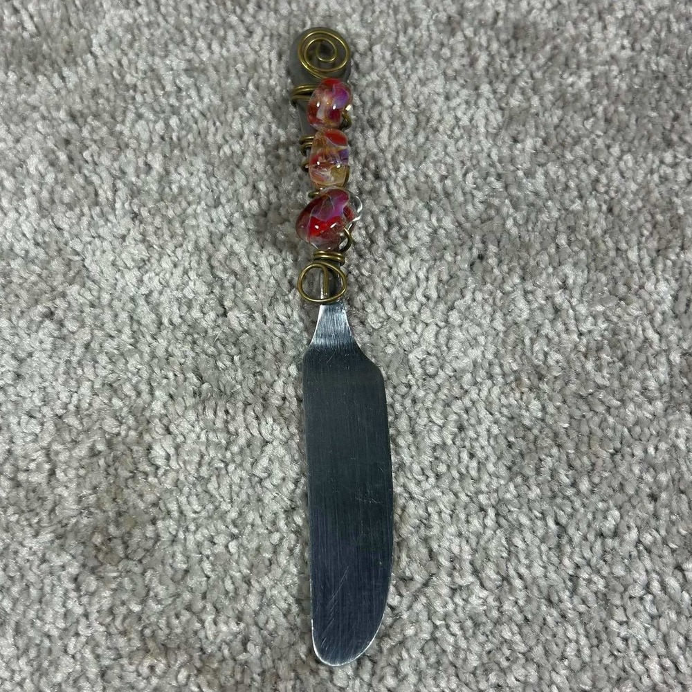 Butter Spreader Red Glass Bead Wire Wrapped Artisan Cheese Knife Silver